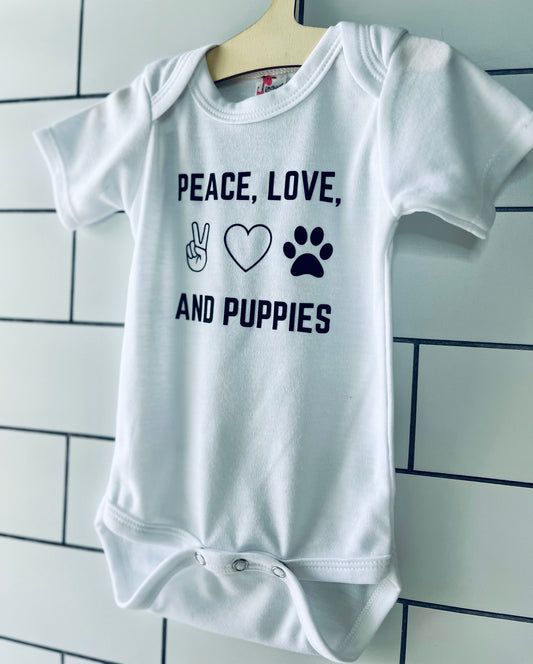 Peace, Love, and Puppies Onesie